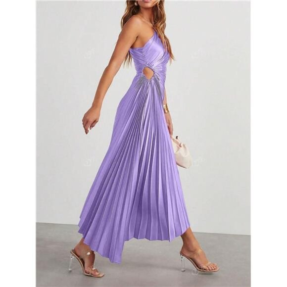 NEW‎ - Elegant Purple Asymmetric Shoulder Cutout Pleated Swing Dress - Picture 2 of 8